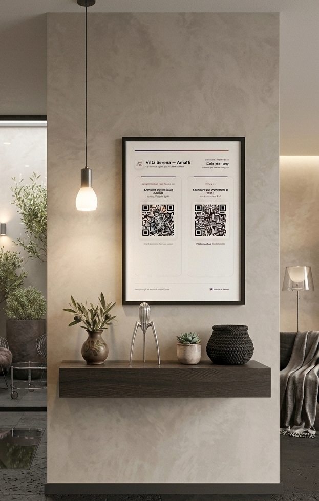 Poster QR di Helpier appeso all'ingresso di una struttura ricettiva
