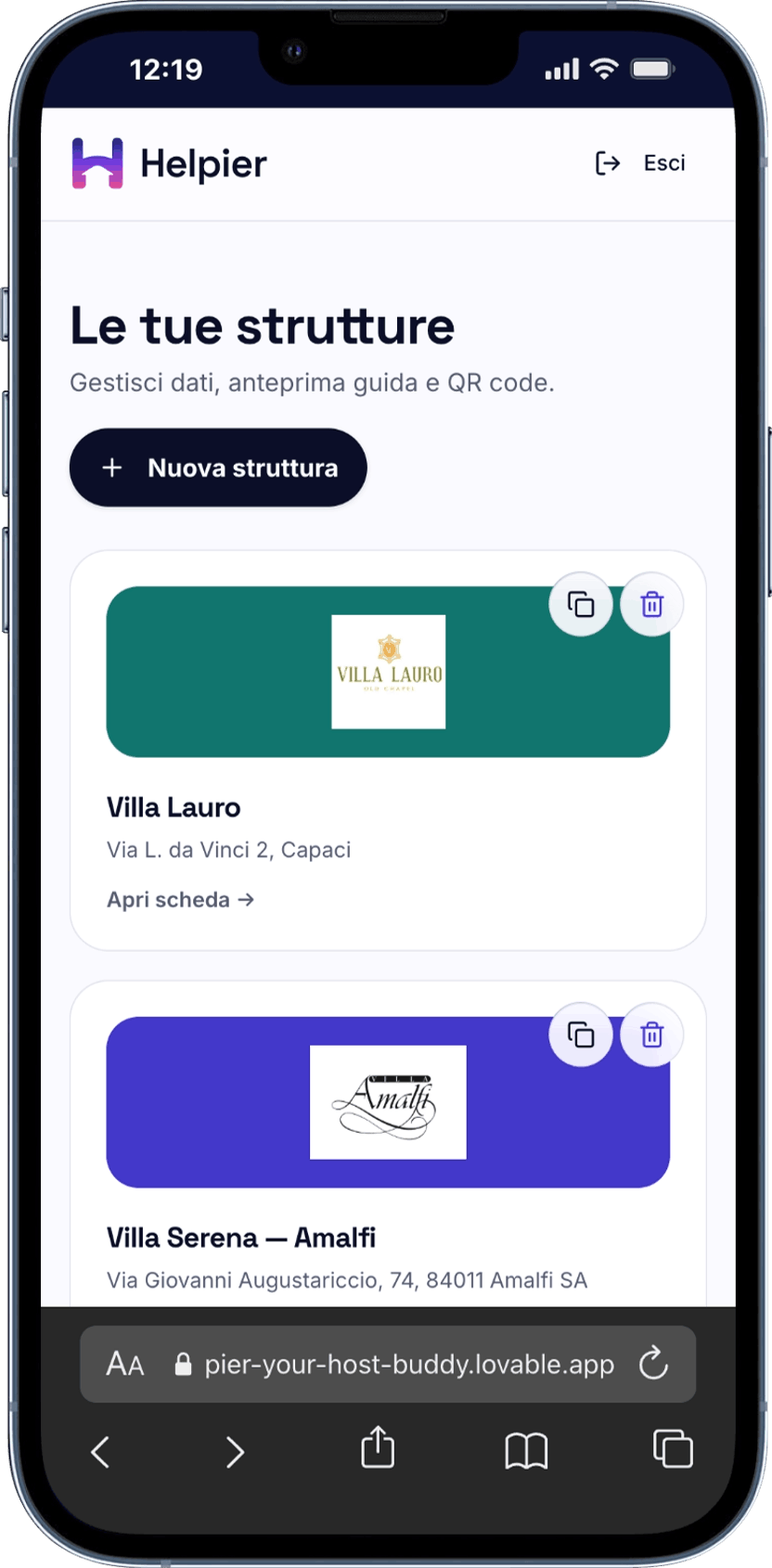 Anteprima dashboard host Helpier su iPhone